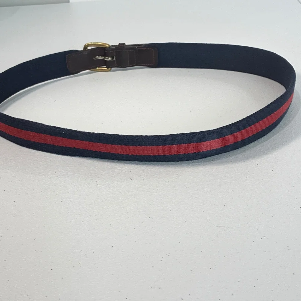 Vtg L.L. Bean Canvas Web Belt Mens 34? Navy Red Striped Leather Preppy Americana